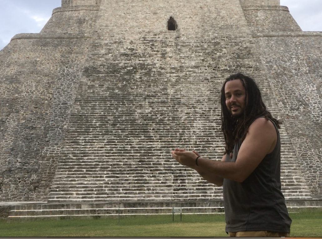 Anyextee demonstrates the "Kukulkan clap" producing the acoustic effect in front of The Pyramid of the Magician, @ Uxmal