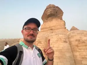 Matt Sibson of Ancient Architects in front of Sphinx of Giza