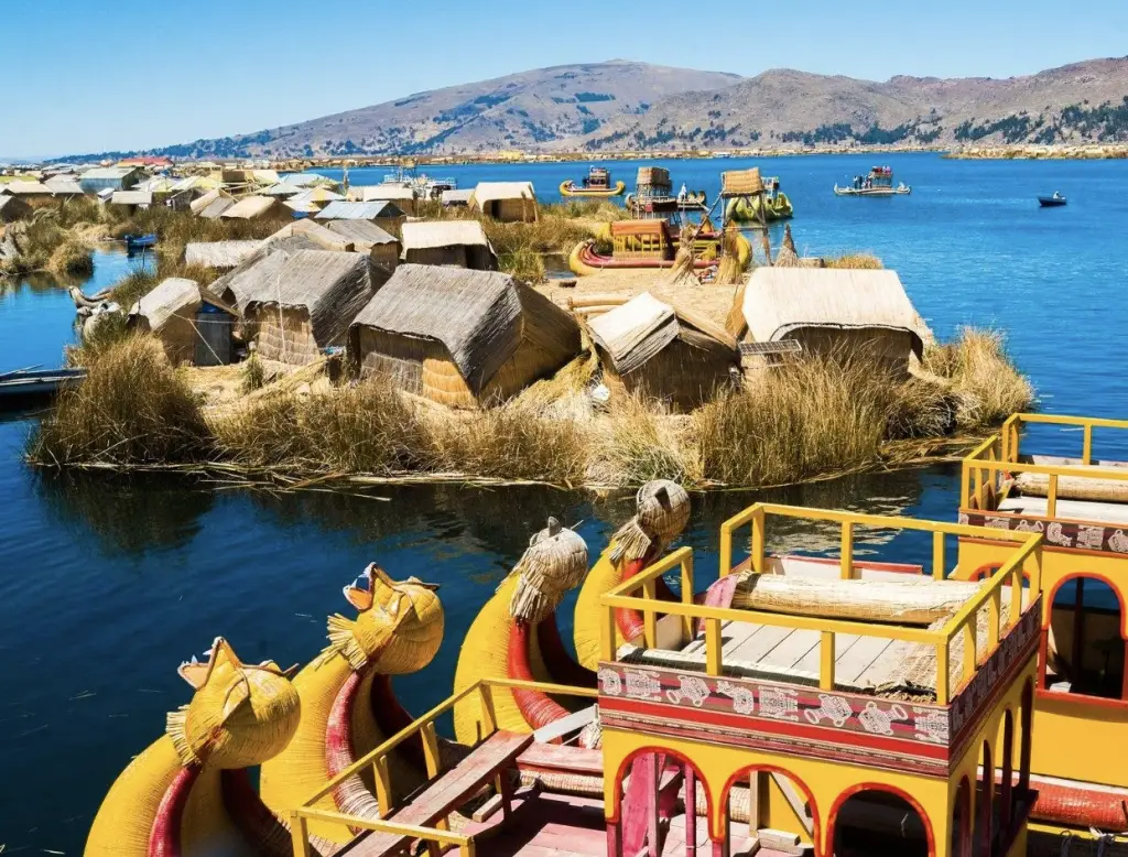 lake titicaca floating-islands with yellow boats