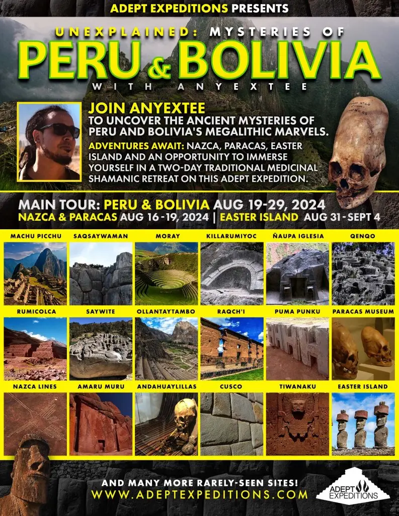 Flyer for the Peru & Bolivia Unexplained Mysteries Tour led by Anyextee, showcasing mysterious and ancient landmarks. The image features iconic visuals of Machu Picchu, the Nazca Lines, and Tiwanaku ruins, set against a backdrop of the Andes mountains and a clear sky. Bold text announces the tour's name, with Anyextee's name prominently displayed. Details include tour dates, highlights of the mystical and archaeological sites to be visited, and contact information for bookings. The design uses vibrant colors to evoke a sense of adventure and mystery.
