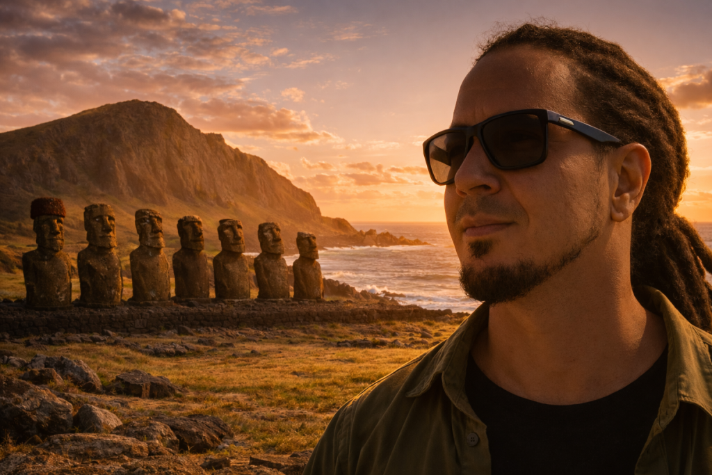 Anyextee on Easter Island with Moai in background
