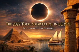 Total solar eclipse over the Nile River in Egypt with pyramids and a traditional sailing yacht
