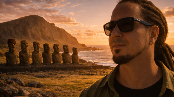 Anyextee on Easter Island with Moai in background